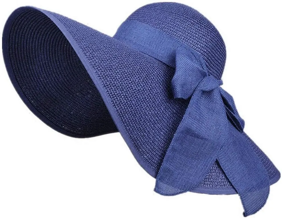 QUUPY Womens Sun Straw Hat Wide Brim Summer Hat Foldable Roll up Floppy Beach Hats with Big Bowknot UPF 50 