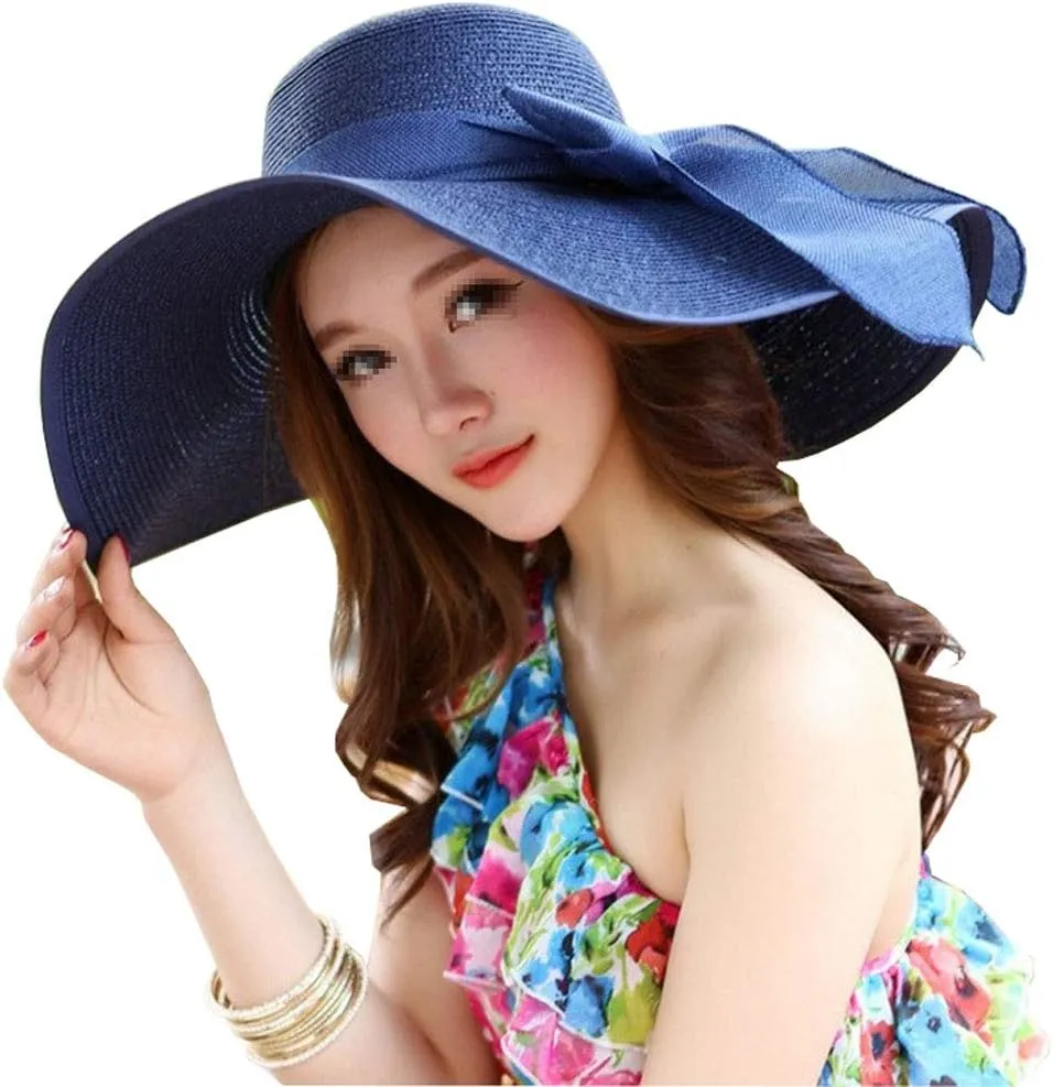 QUUPY Womens Sun Straw Hat Wide Brim Summer Hat Foldable Roll up Floppy Beach Hats with Big Bowknot UPF 50 