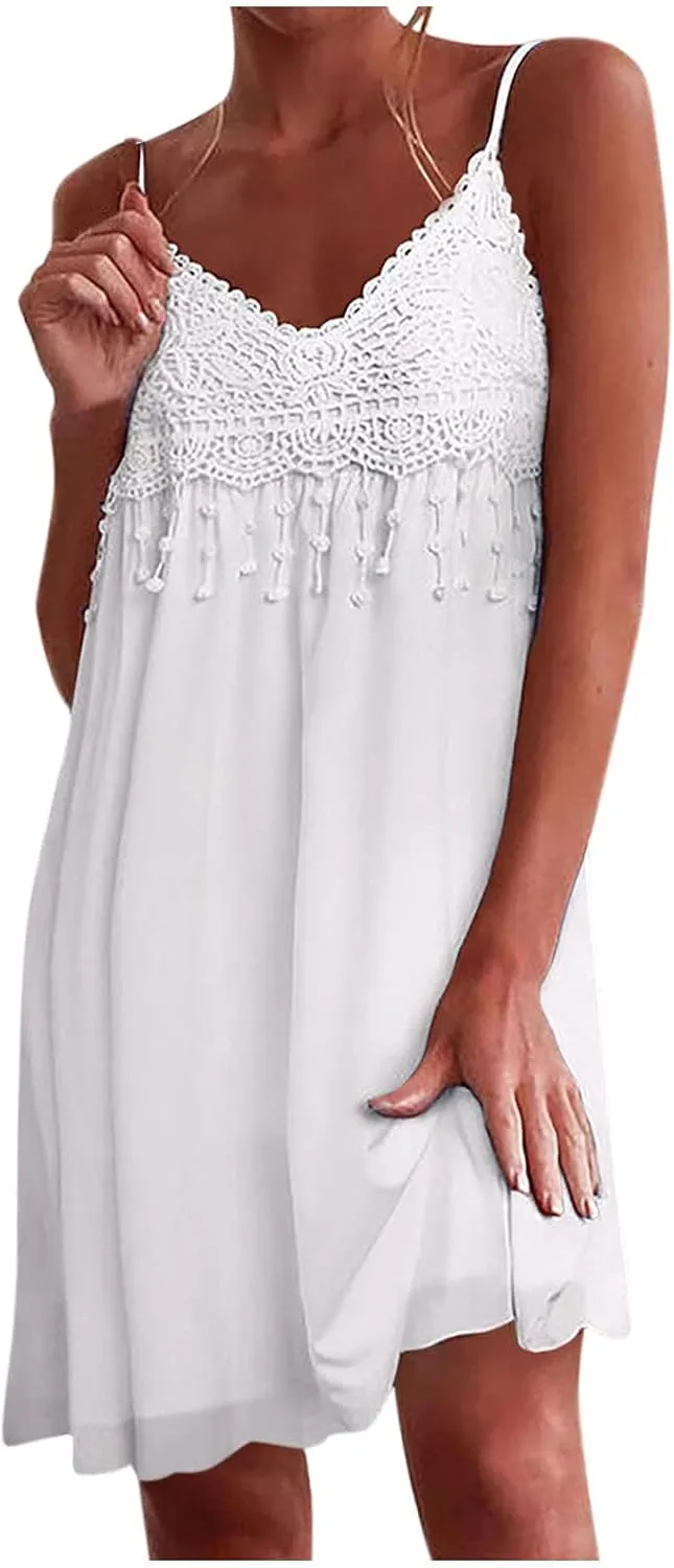 Sexy Sleeveless Mini Women Dress Loose Cute Lace Hem Beach Casual Summer Fashion Women's Dress Sleeveless Swing