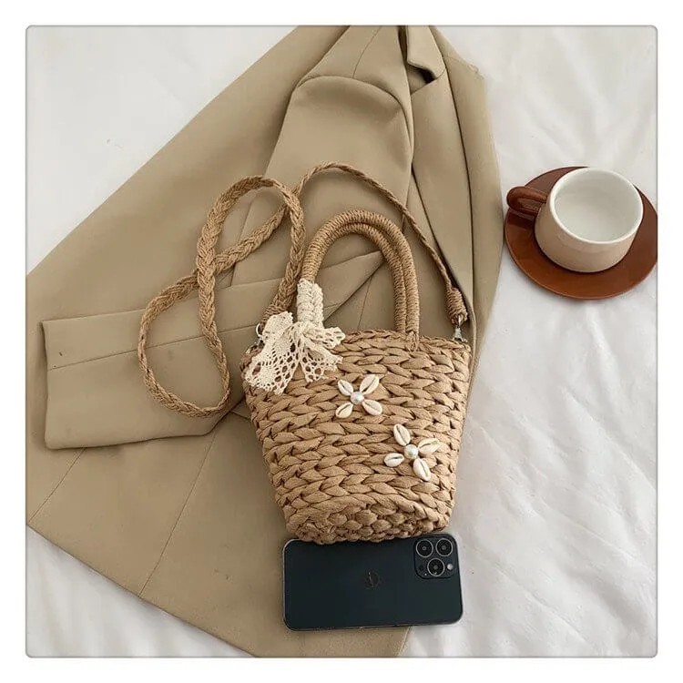 Small Bucket Drawstring Straw Bag -Showtown