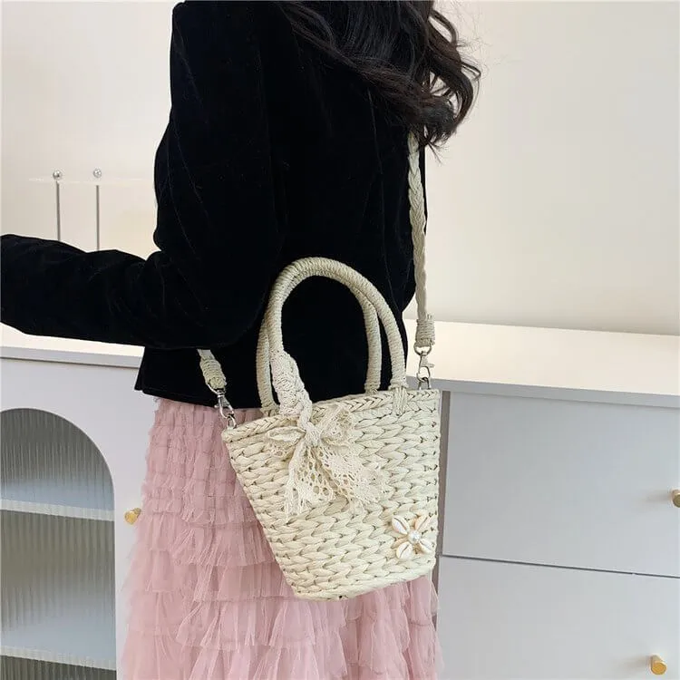 Small Bucket Drawstring Straw Bag -Showtown