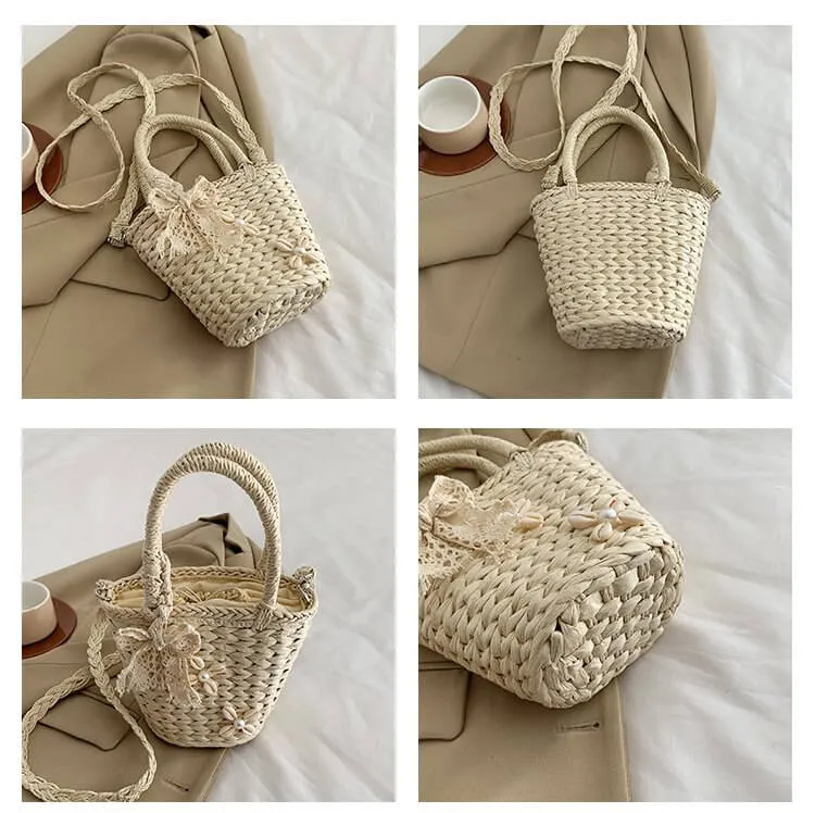 Small Bucket Drawstring Straw Bag -Showtown