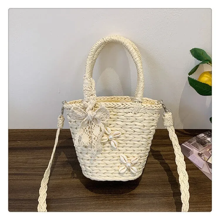 Small Bucket Drawstring Straw Bag -Showtown