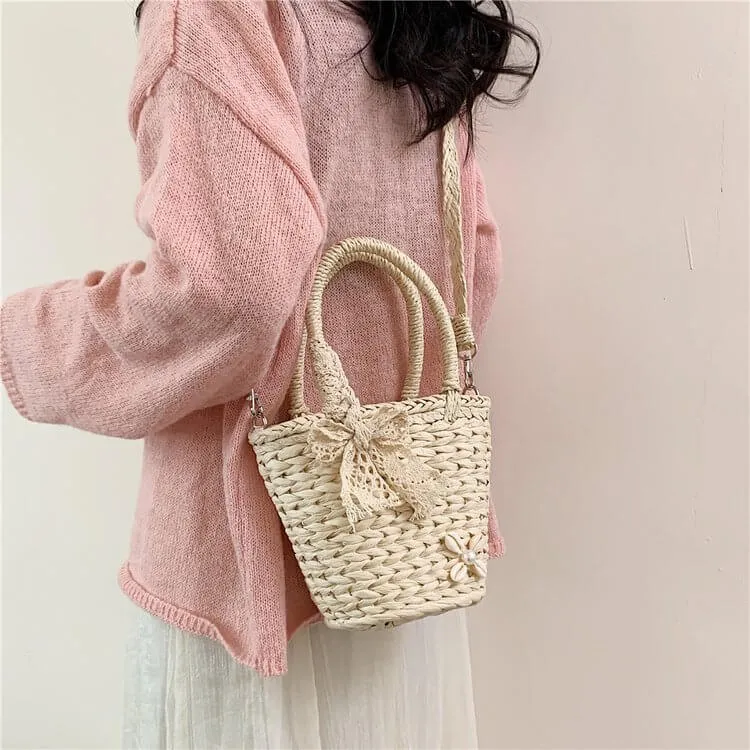 Small Bucket Drawstring Straw Bag -Showtown