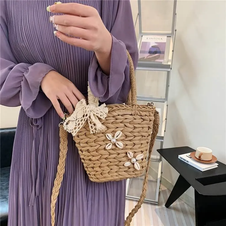 Small Bucket Drawstring Straw Bag -Showtown