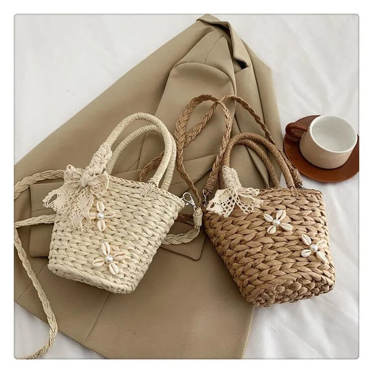 Small Bucket Drawstring Straw Bag -Showtown