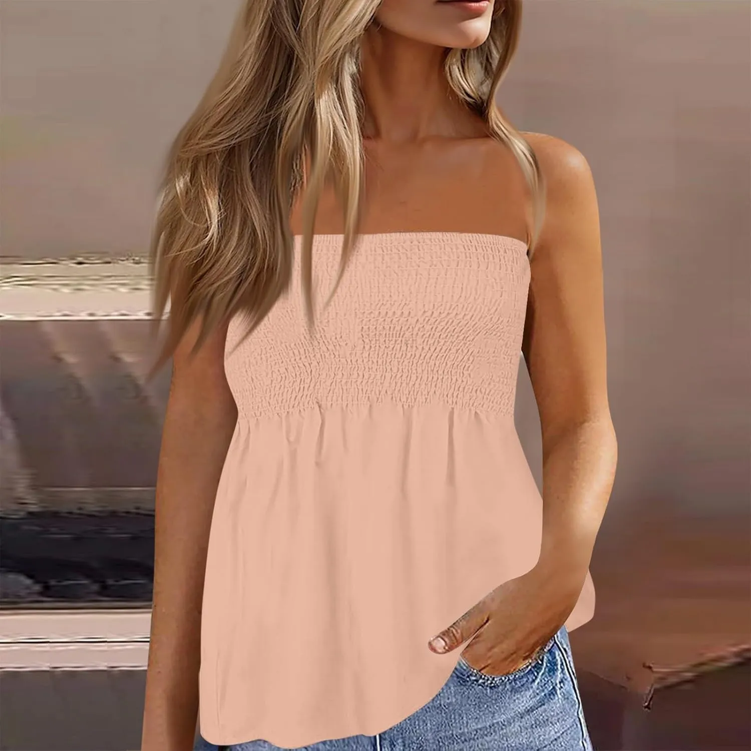 Summer Tube Tops for Women Going Out Sexy Sleeveless Off Shoulder Strapless Backless Pleated Elastic wrap Shirt Blouses