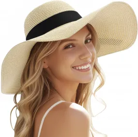 Sun Beach Hats for Women,Wide Brim Straw Hats Womens with Chin Strap, Foldable Woven Sun Hat UV Protection