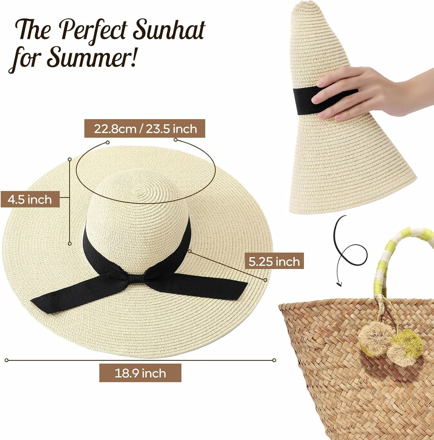 Sun Beach Hats for Women,Wide Brim Straw Hats Womens with Chin Strap, Foldable Woven Sun Hat UV Protection