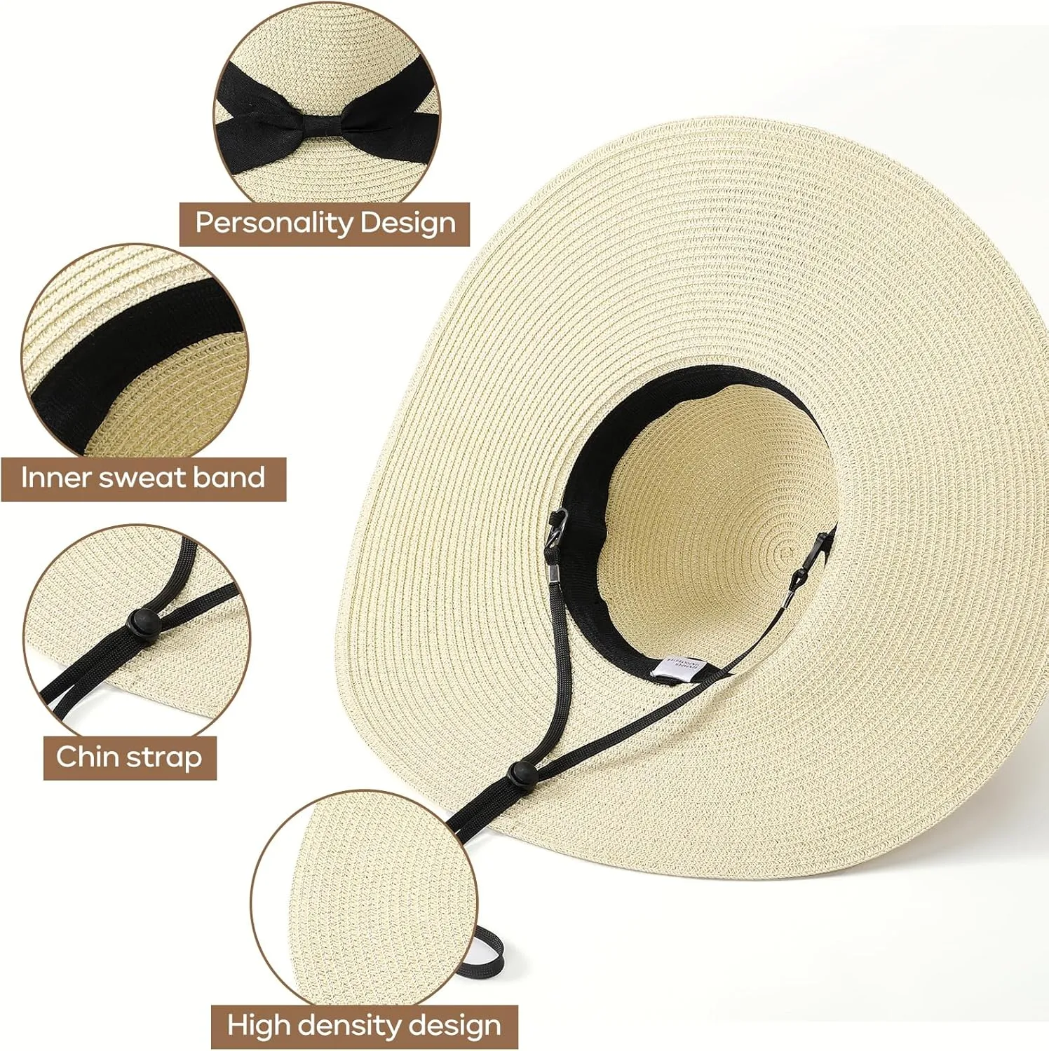 Sun Beach Hats for Women,Wide Brim Straw Hats Womens with Chin Strap, Foldable Woven Sun Hat UV Protection