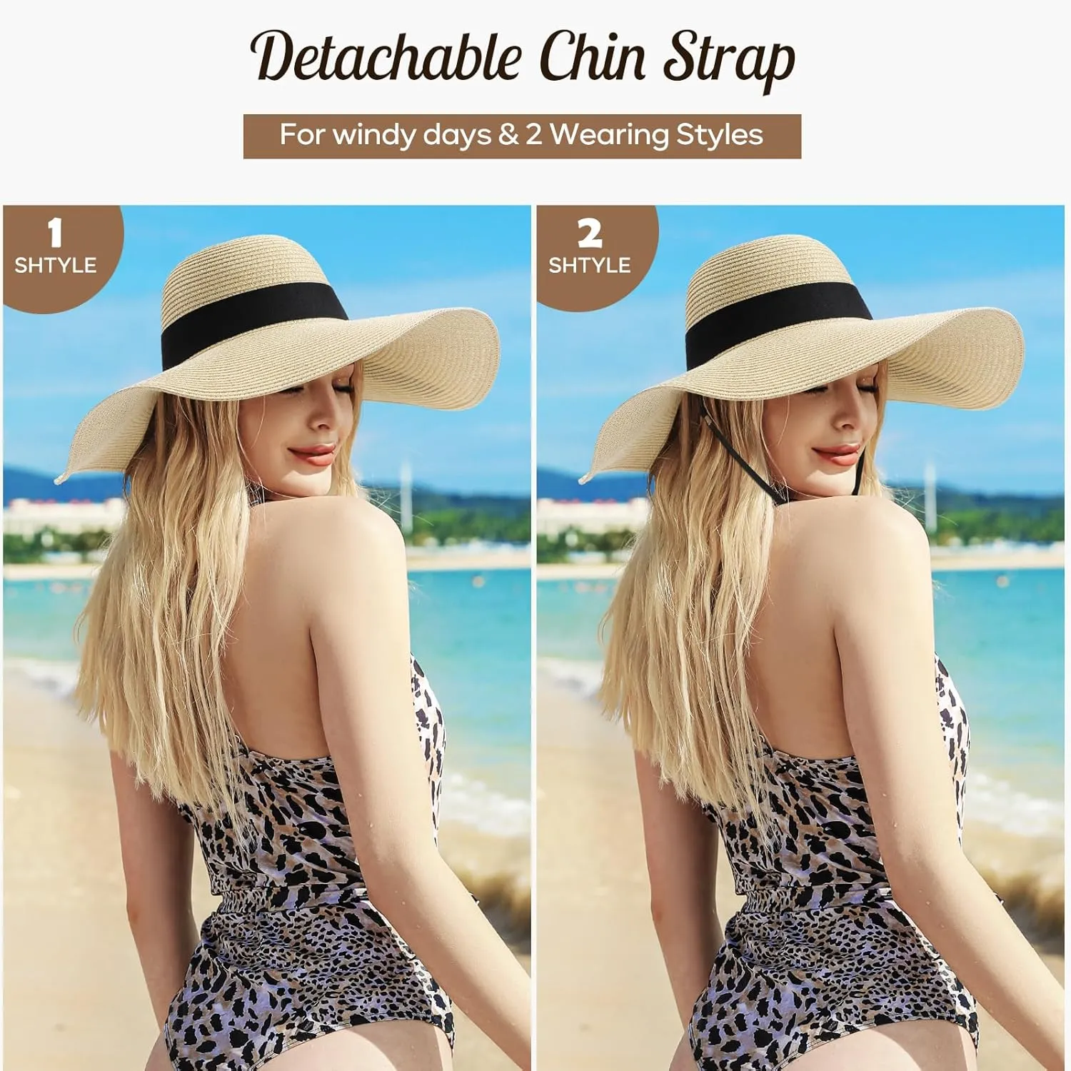 Sun Beach Hats for Women,Wide Brim Straw Hats Womens with Chin Strap, Foldable Woven Sun Hat UV Protection