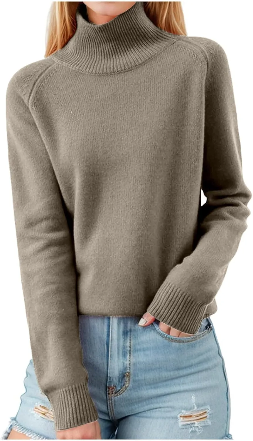Sweaters for Women Trendy Turtleneck Long Sleeve Sweater Knit Fleece Sweatshirts No Hood Cropped Pullover Sweaters