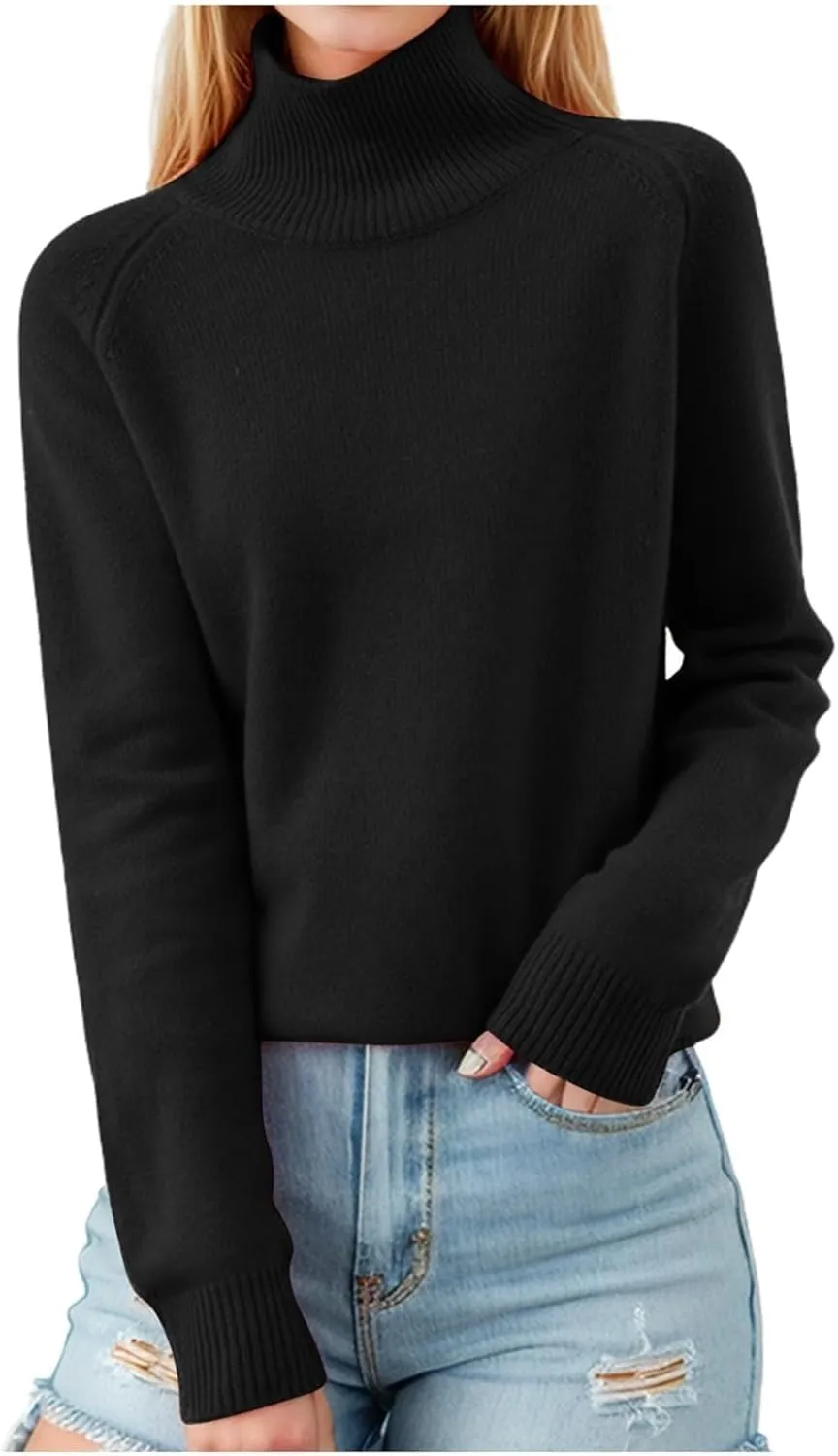 Sweaters for Women Trendy Turtleneck Long Sleeve Sweater Knit Fleece Sweatshirts No Hood Cropped Pullover Sweaters