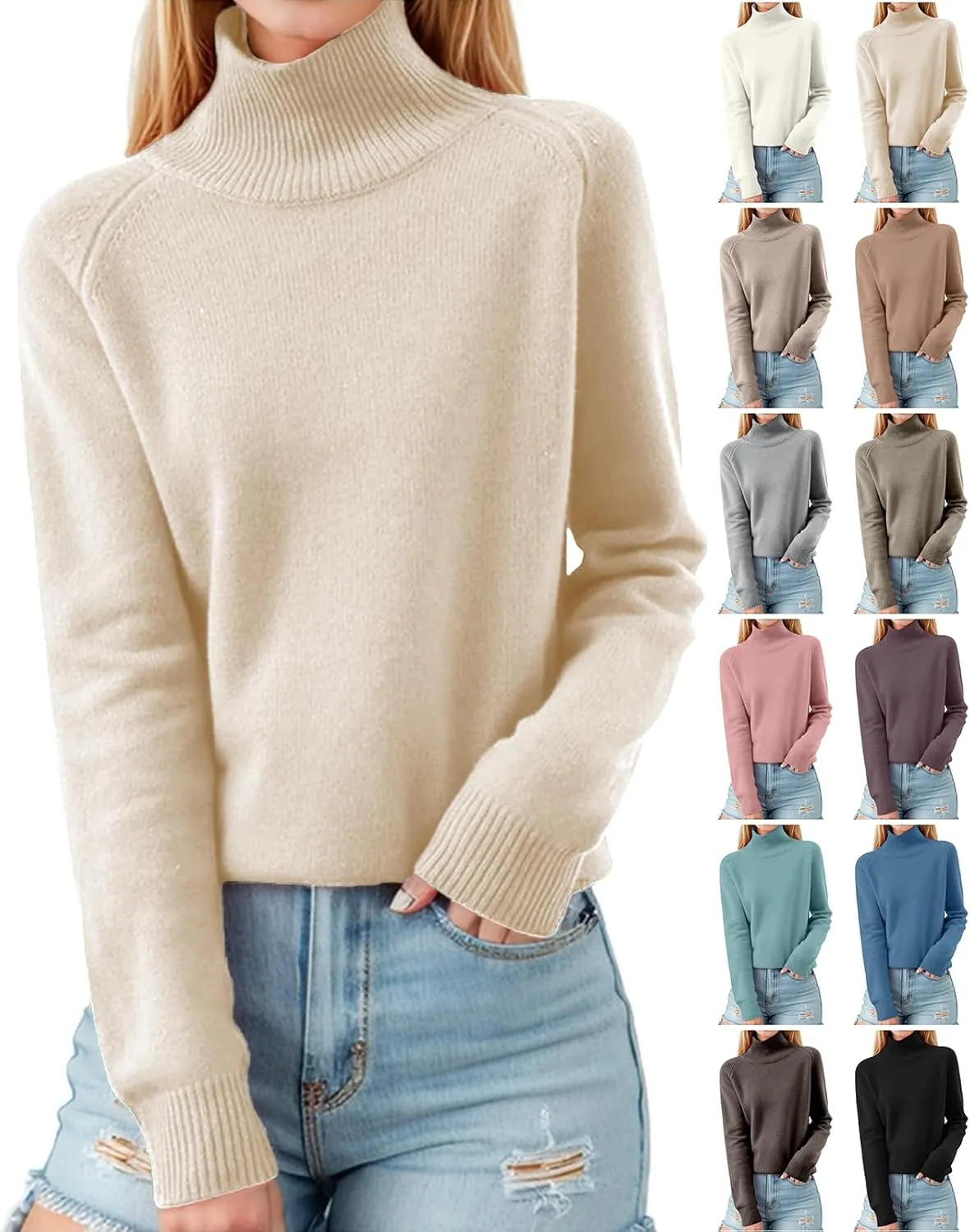 Sweaters for Women Trendy Turtleneck Long Sleeve Sweater Knit Fleece Sweatshirts No Hood Cropped Pullover Sweaters