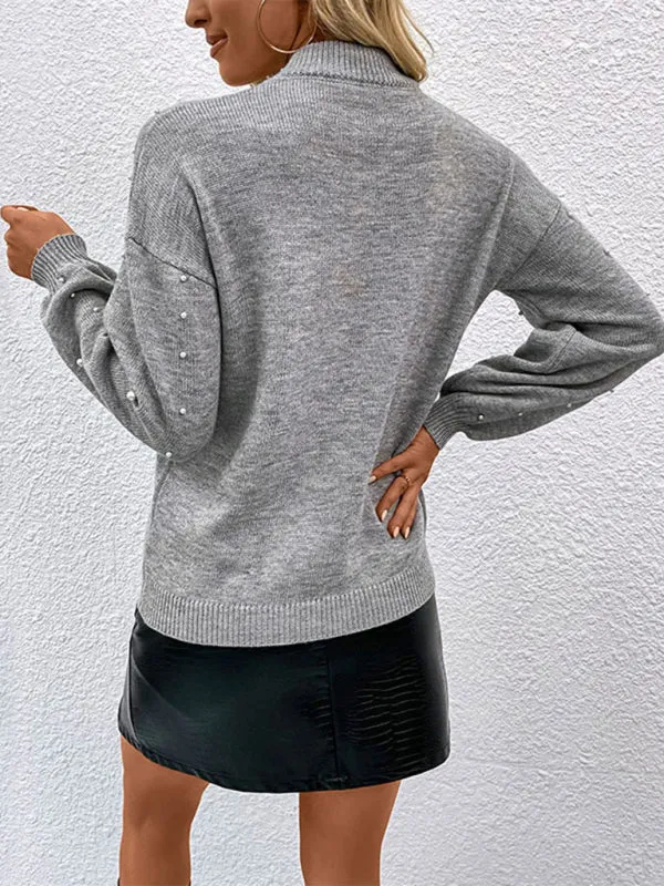 TastyHottie - Long sleeve solid color pearl beaded loose pullover sweater