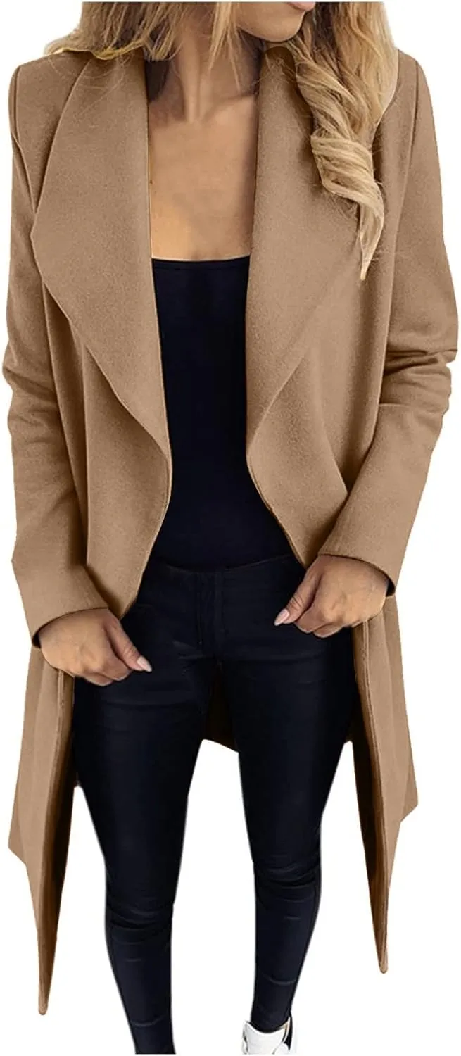 Trench Coats for Women Winter Wool Blend Camel Mid-Long Coat Long Sleeve Slim Casual Open Front Cardigans Outwear