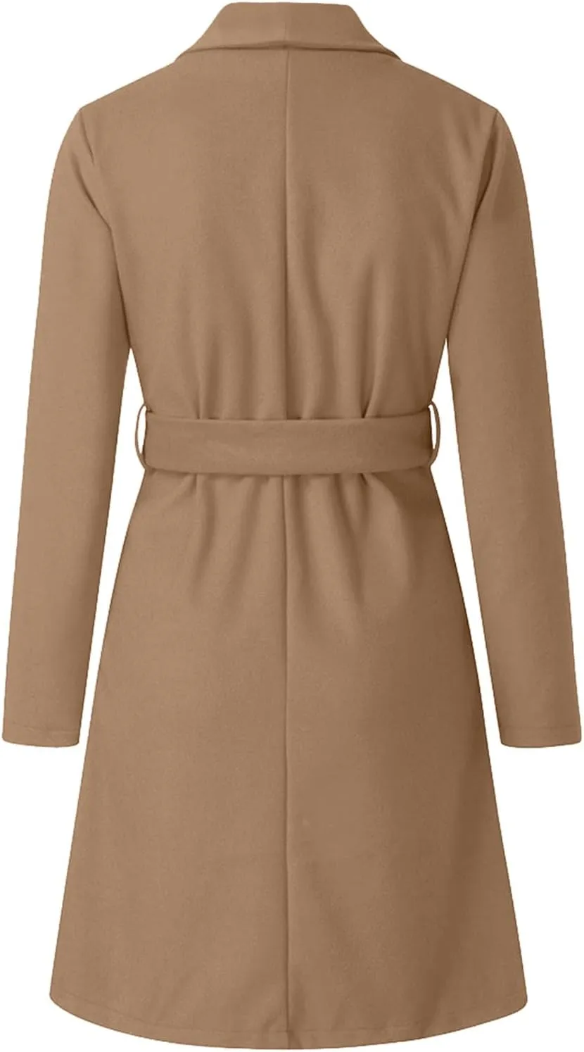 Trench Coats for Women Winter Wool Blend Camel Mid-Long Coat Long Sleeve Slim Casual Open Front Cardigans Outwear