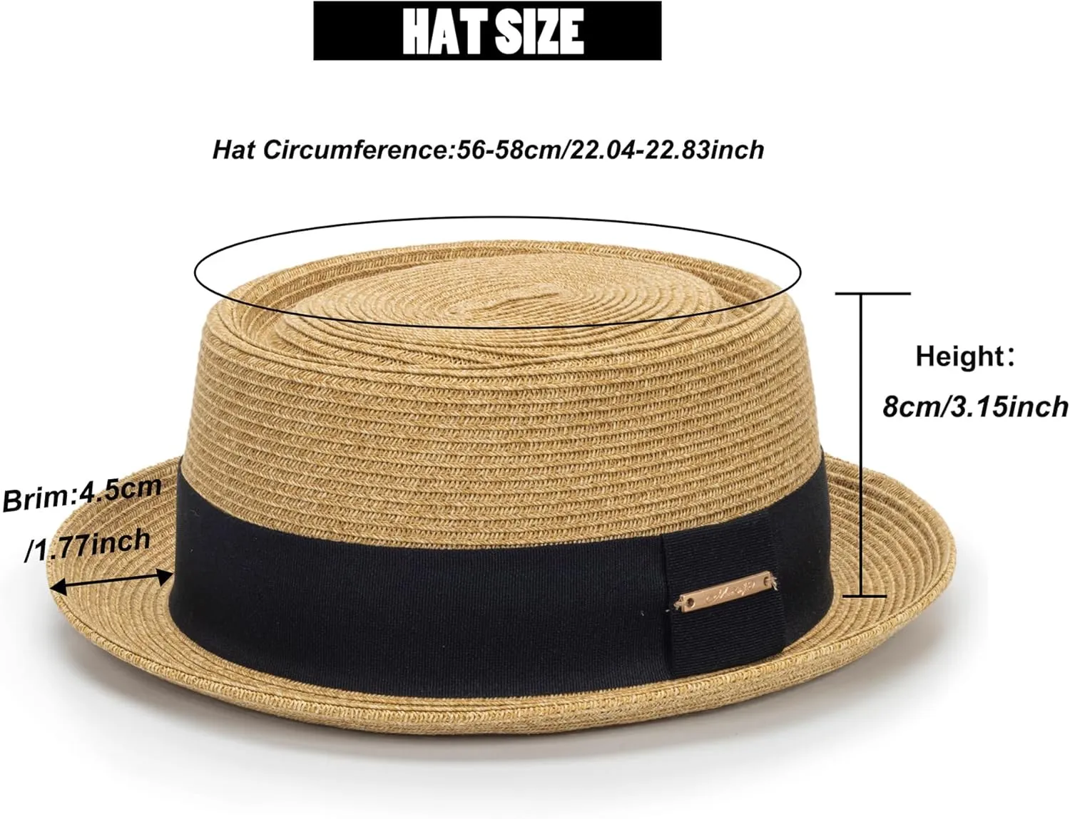 Women's 1920s Pork-Pie-Sun-Hat - Summer Straw Fedora Beach Sun Hat Boater Derby Cap with Band(M/L)