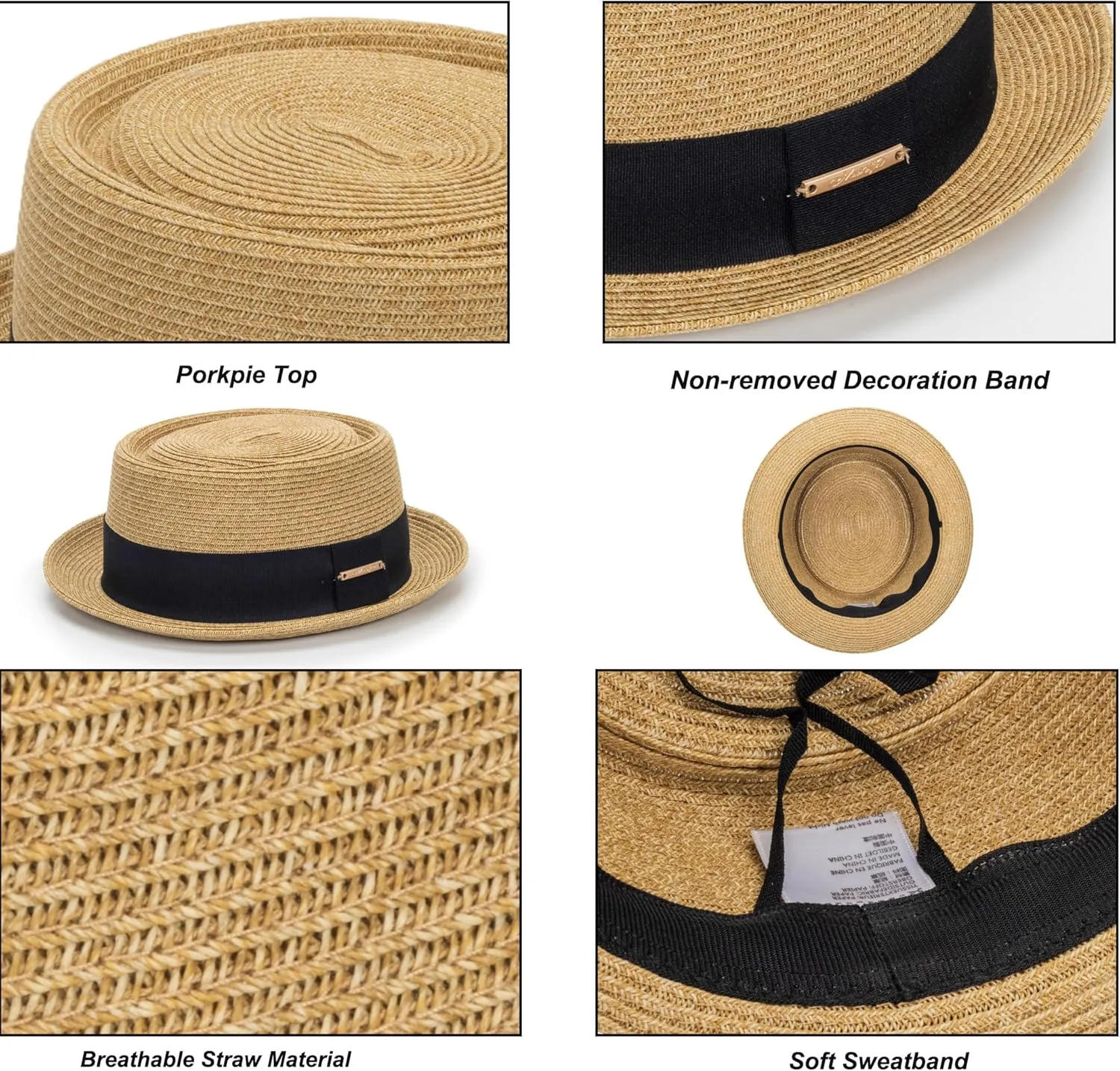 Women's 1920s Pork-Pie-Sun-Hat - Summer Straw Fedora Beach Sun Hat Boater Derby Cap with Band(M/L)