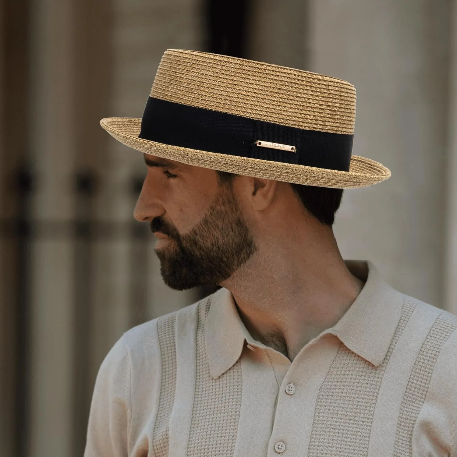 Women's 1920s Pork-Pie-Sun-Hat - Summer Straw Fedora Beach Sun Hat Boater Derby Cap with Band(M/L)