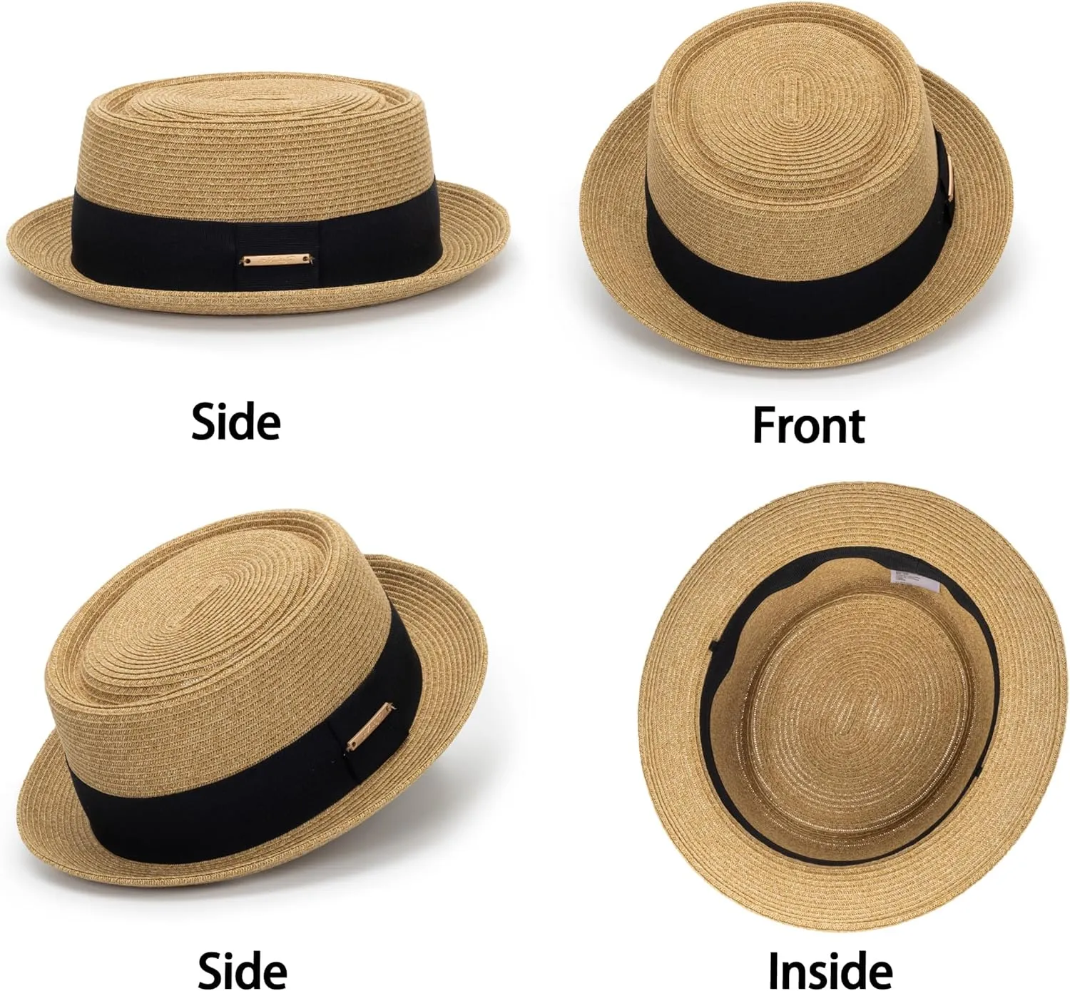 Women's 1920s Pork-Pie-Sun-Hat - Summer Straw Fedora Beach Sun Hat Boater Derby Cap with Band(M/L)