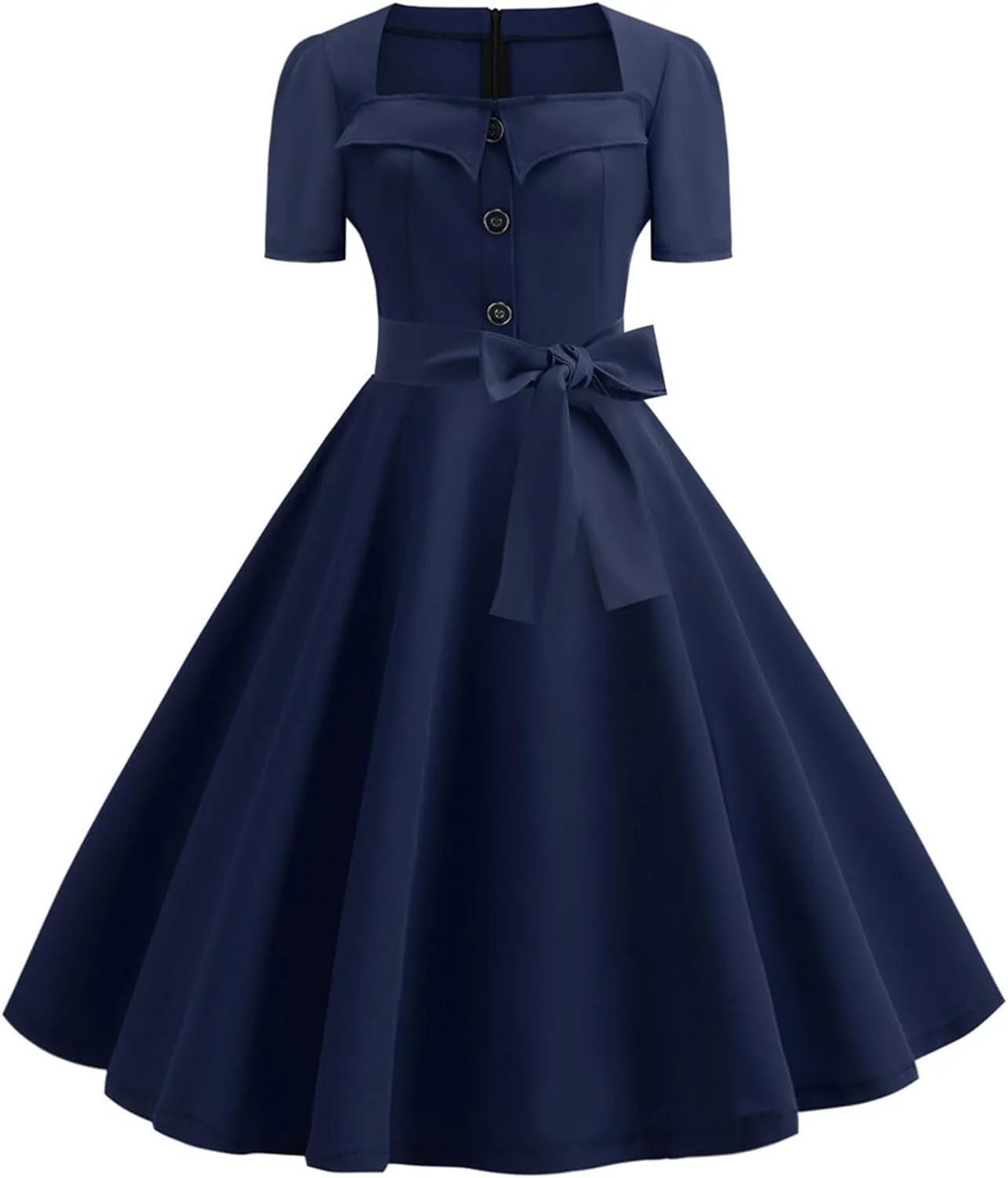 Womens Audrey Hepburn Style 1950s Retro Cocktail Swing Dress Vintage Square Neck Short Sleeve Bow A line Party Dress
