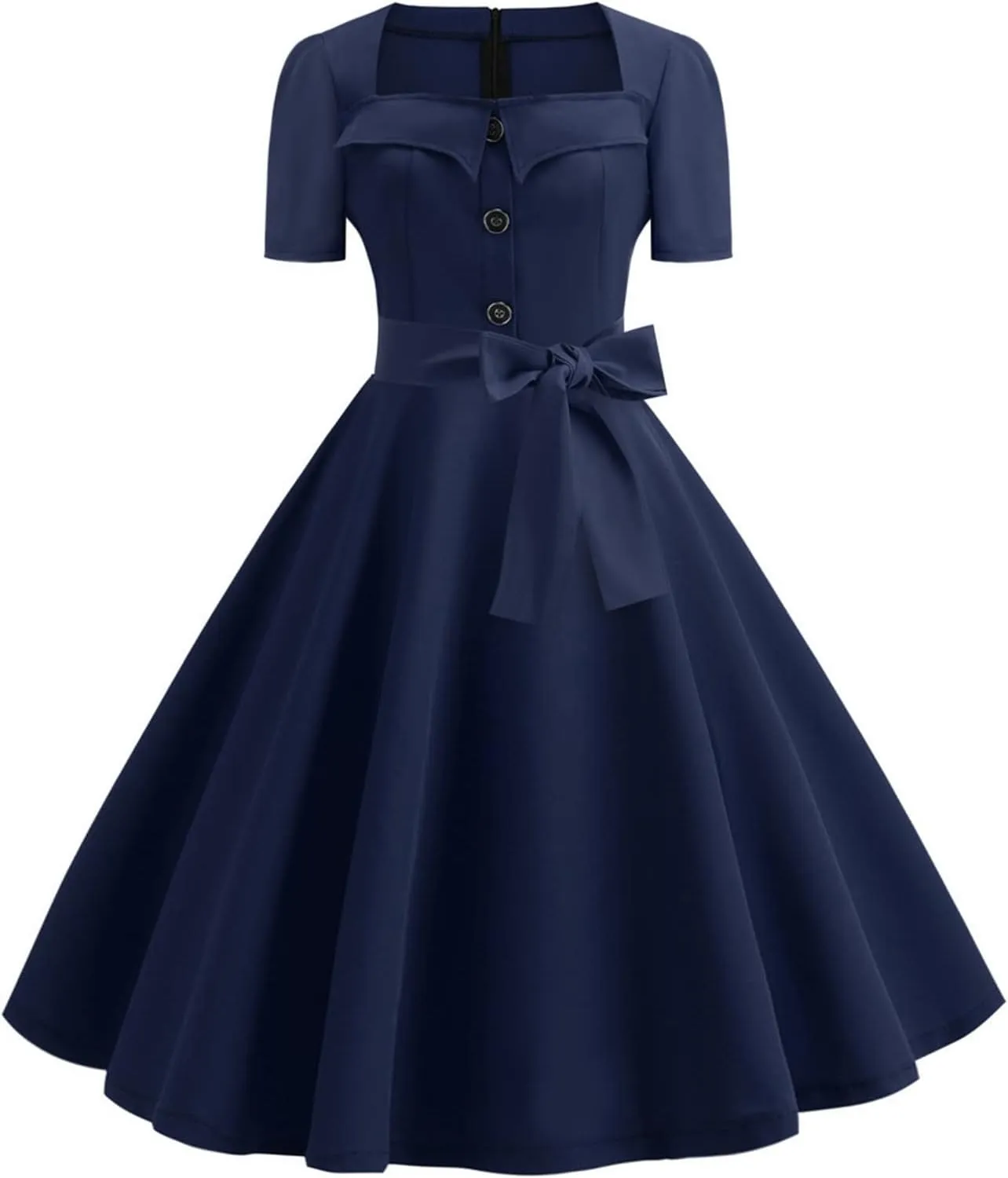 Womens Audrey Hepburn Style 1950s Retro Cocktail Swing Dress Vintage Square Neck Short Sleeve Bow A line Party Dress