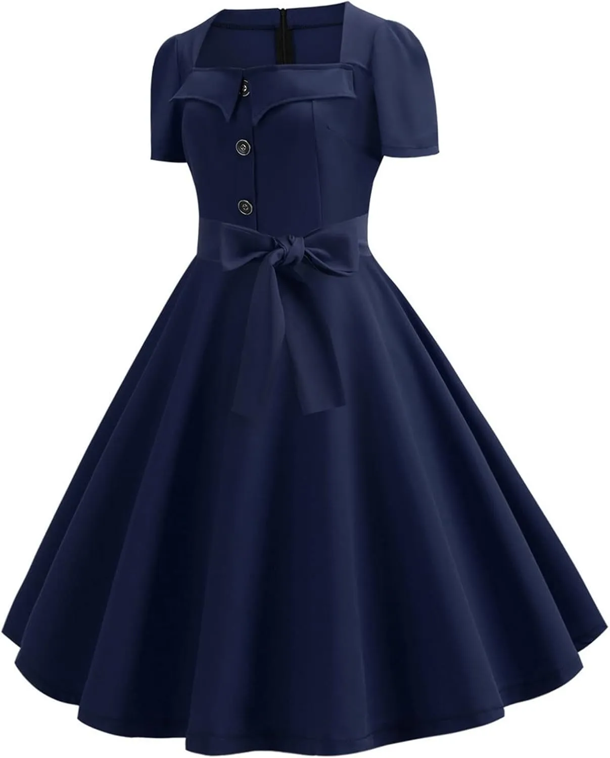 Womens Audrey Hepburn Style 1950s Retro Cocktail Swing Dress Vintage Square Neck Short Sleeve Bow A line Party Dress