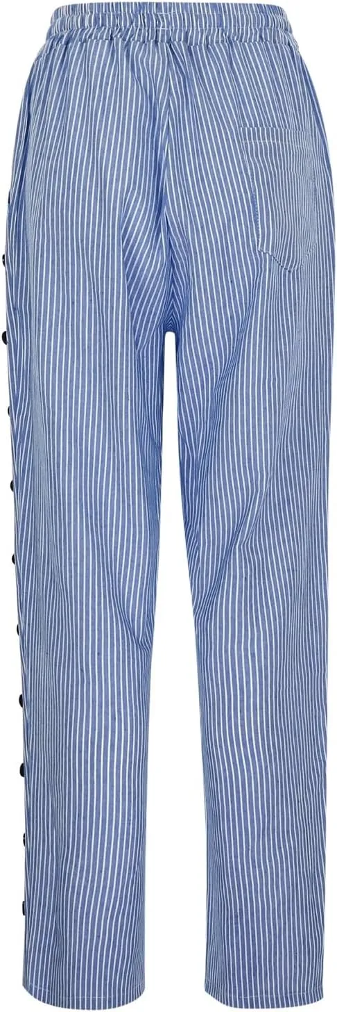 Women's Casual Lantern Harem Loose Elastic Waist Capris Pants Summer Buttons Stripe Print Slacks Trousers with Pocket