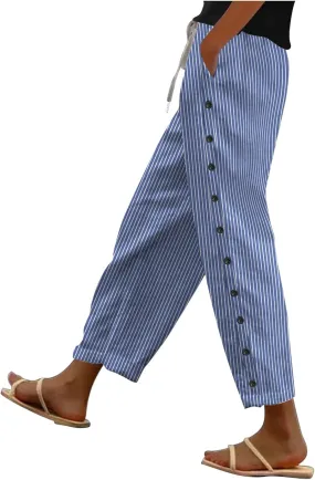 Women's Casual Lantern Harem Loose Elastic Waist Capris Pants Summer Buttons Stripe Print Slacks Trousers with Pocket