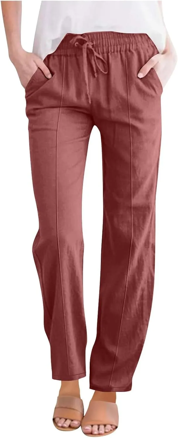 Womens Cotton Linen Pants Drawstring Elastic Waist Straight Leg Long Pantswith Pockets Casual Loose Comfy Trousers