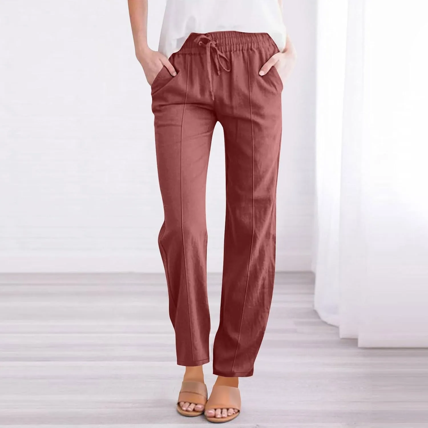 Womens Cotton Linen Pants Drawstring Elastic Waist Straight Leg Long Pantswith Pockets Casual Loose Comfy Trousers