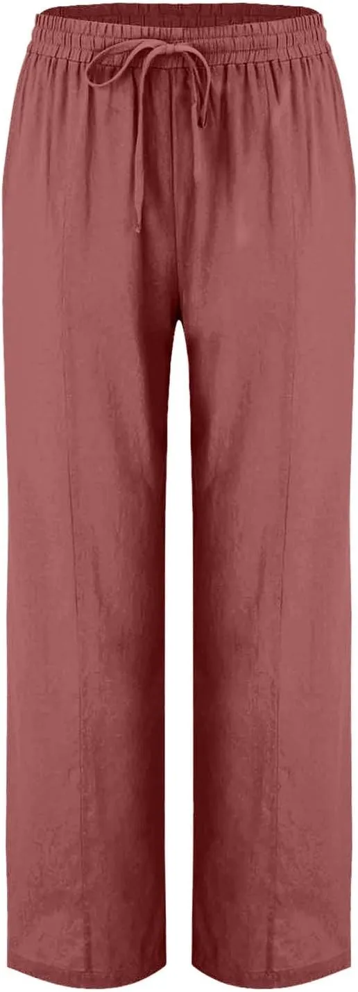 Womens Cotton Linen Pants Drawstring Elastic Waist Straight Leg Long Pantswith Pockets Casual Loose Comfy Trousers