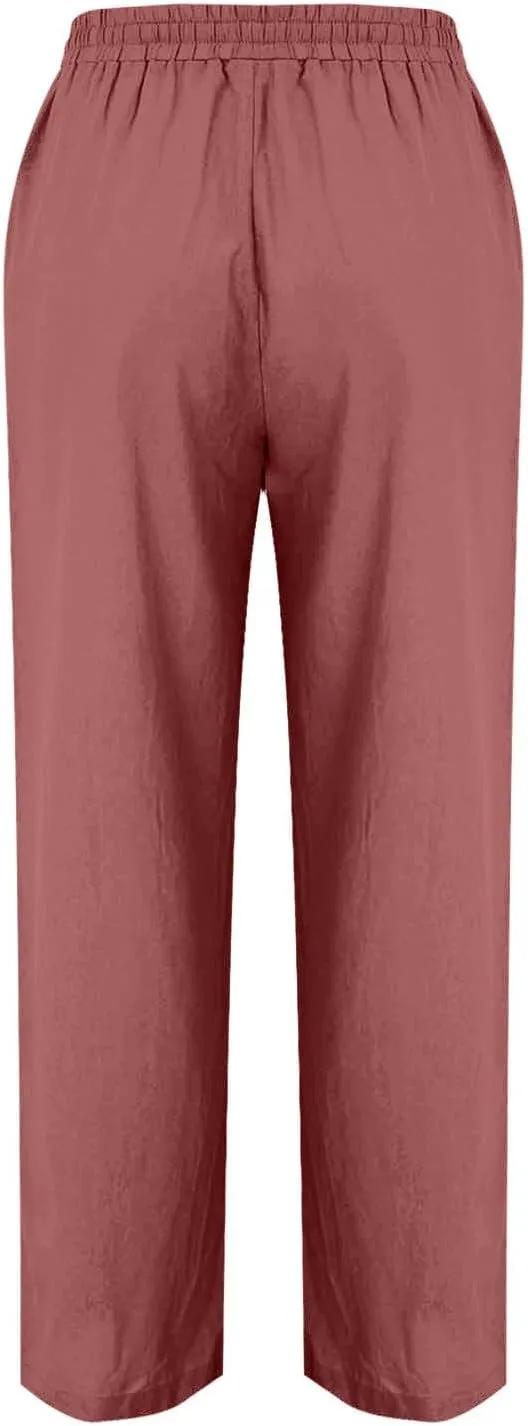Womens Cotton Linen Pants Drawstring Elastic Waist Straight Leg Long Pantswith Pockets Casual Loose Comfy Trousers