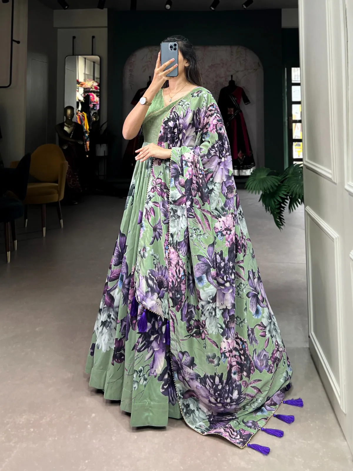 Women's Designer Party Wear Tussar Silk Printed Gown With Dupatta