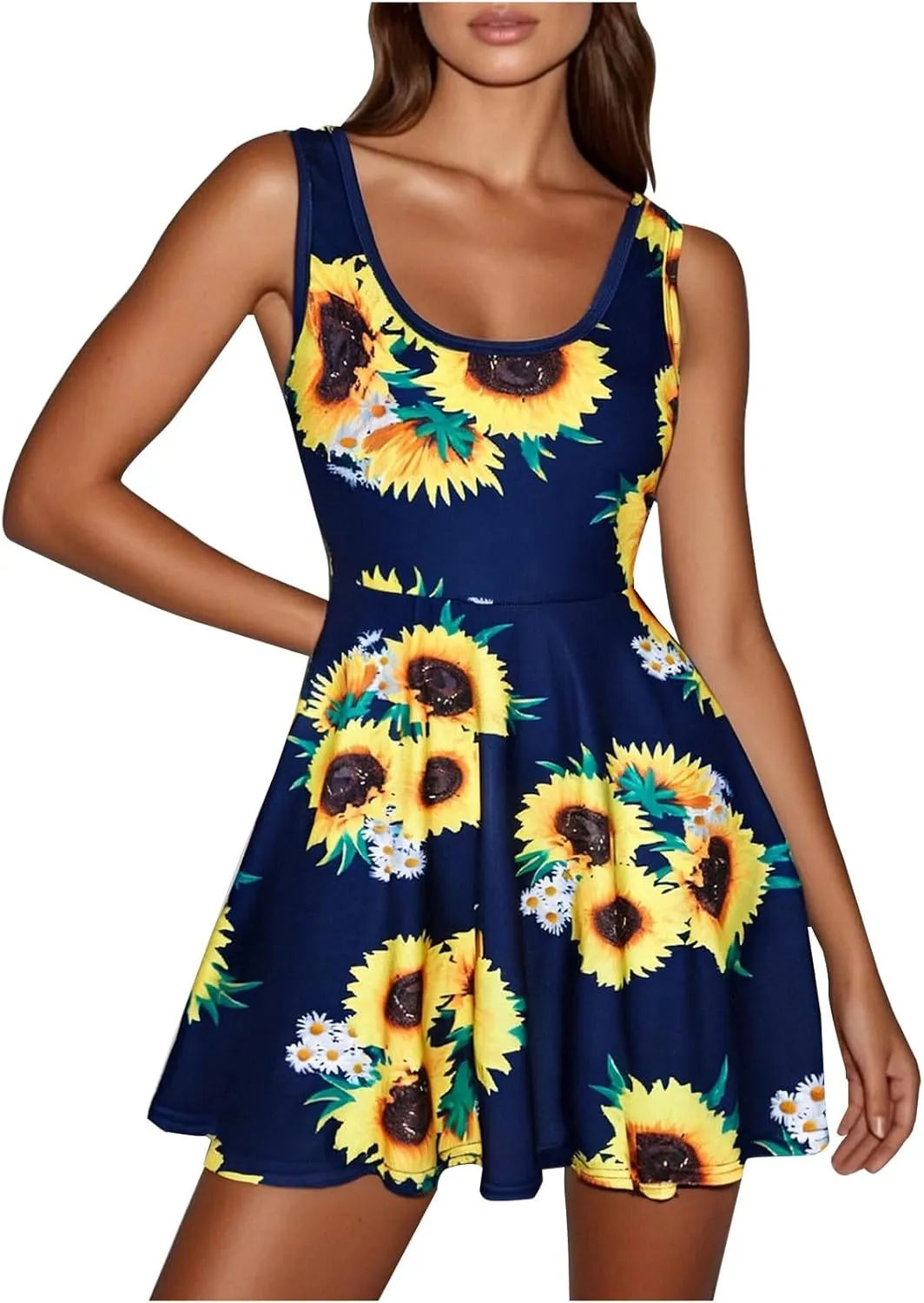 Women's Fashion Sunflower Print Sundress Summer Trendy Sleeveless Mini Dresses Cute Beach Vacation Short Dress