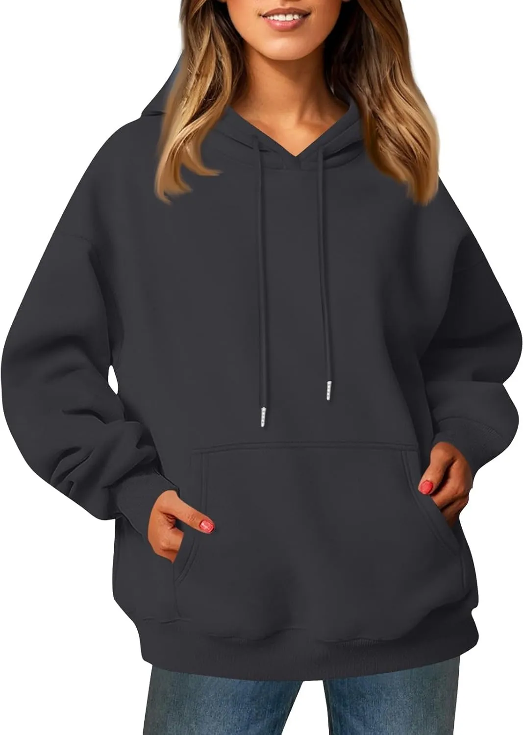 Womens Hoodies Fall Oversized Sweatshirt Preppy Fleece Pullover Solid Color Comfort Hoodie With Pockets