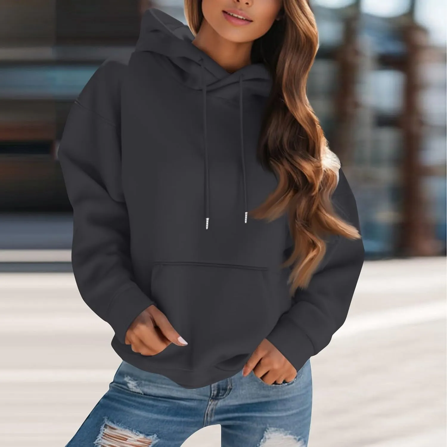 Womens Hoodies Fall Oversized Sweatshirt Preppy Fleece Pullover Solid Color Comfort Hoodie With Pockets