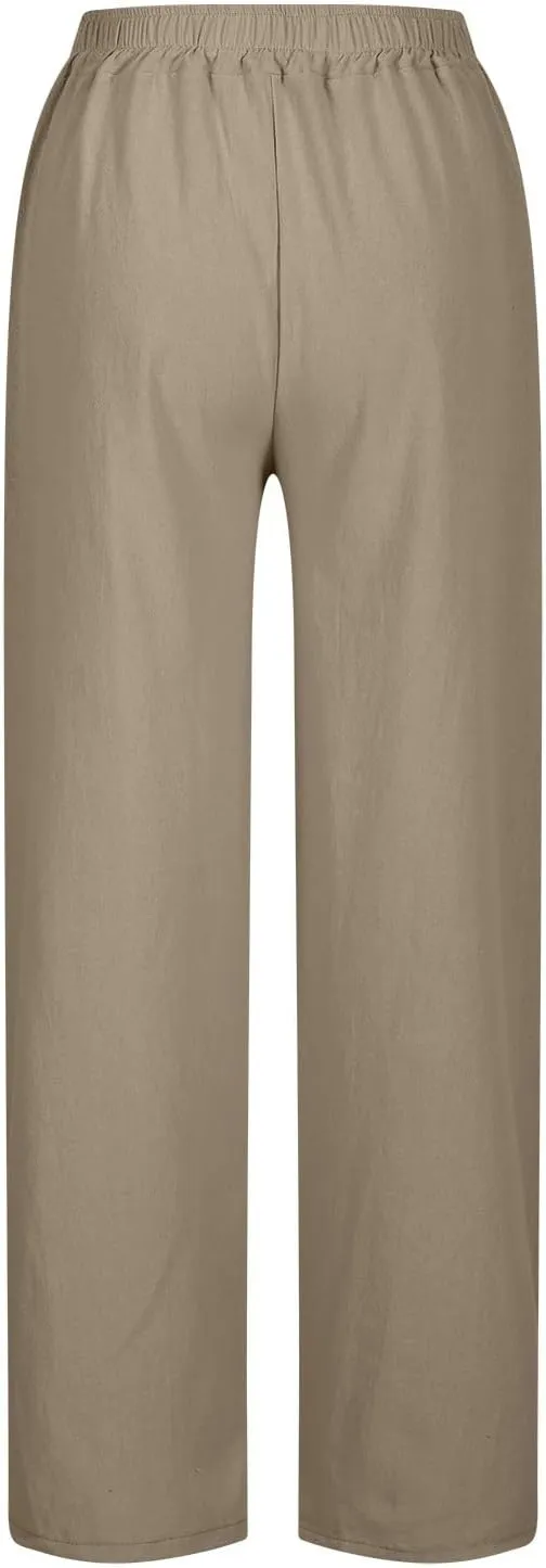 Womens Linen Pants Wide Leg Drawstring Trousers High Waisted Straight Leg Pant Lightweight Summer Beach Pants 2025
