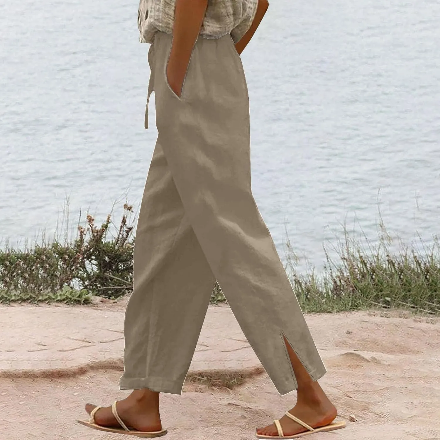 Womens Linen Pants Wide Leg Drawstring Trousers High Waisted Straight Leg Pant Lightweight Summer Beach Pants 2025