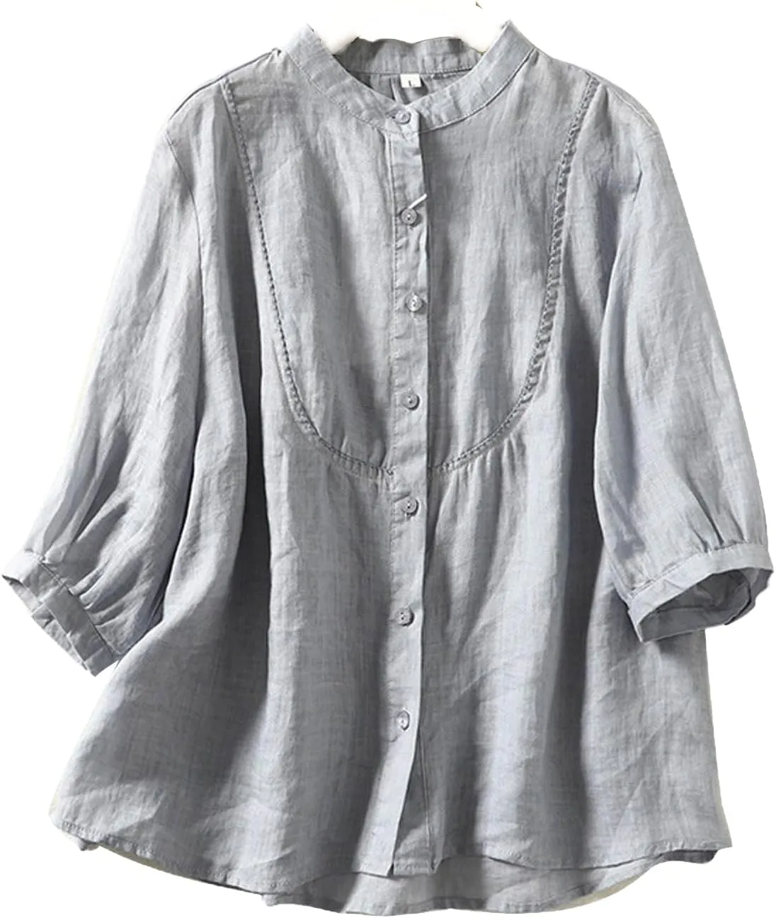 Women's Linen Shirts Cotton Trendy Casual Solid Crewneck 3/4 Sleeve Blouses Button Loose Summer Beach T Shirt 2025