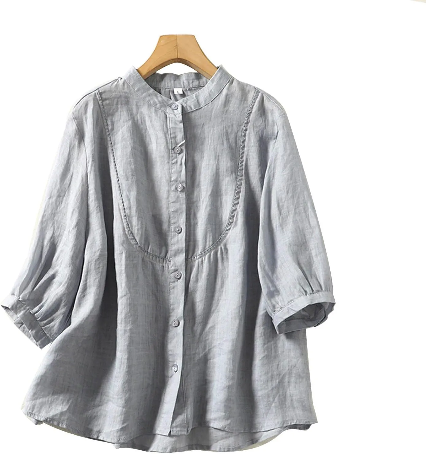 Women's Linen Shirts Cotton Trendy Casual Solid Crewneck 3/4 Sleeve Blouses Button Loose Summer Beach T Shirt 2025