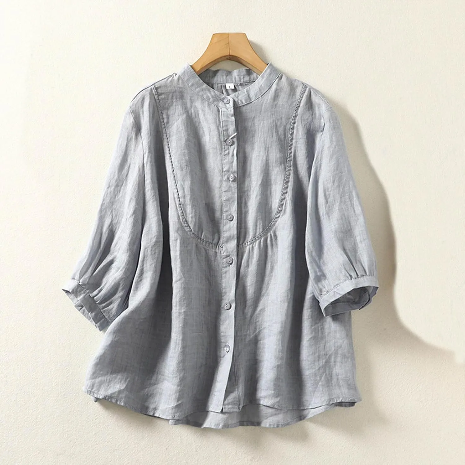 Women's Linen Shirts Cotton Trendy Casual Solid Crewneck 3/4 Sleeve Blouses Button Loose Summer Beach T Shirt 2025
