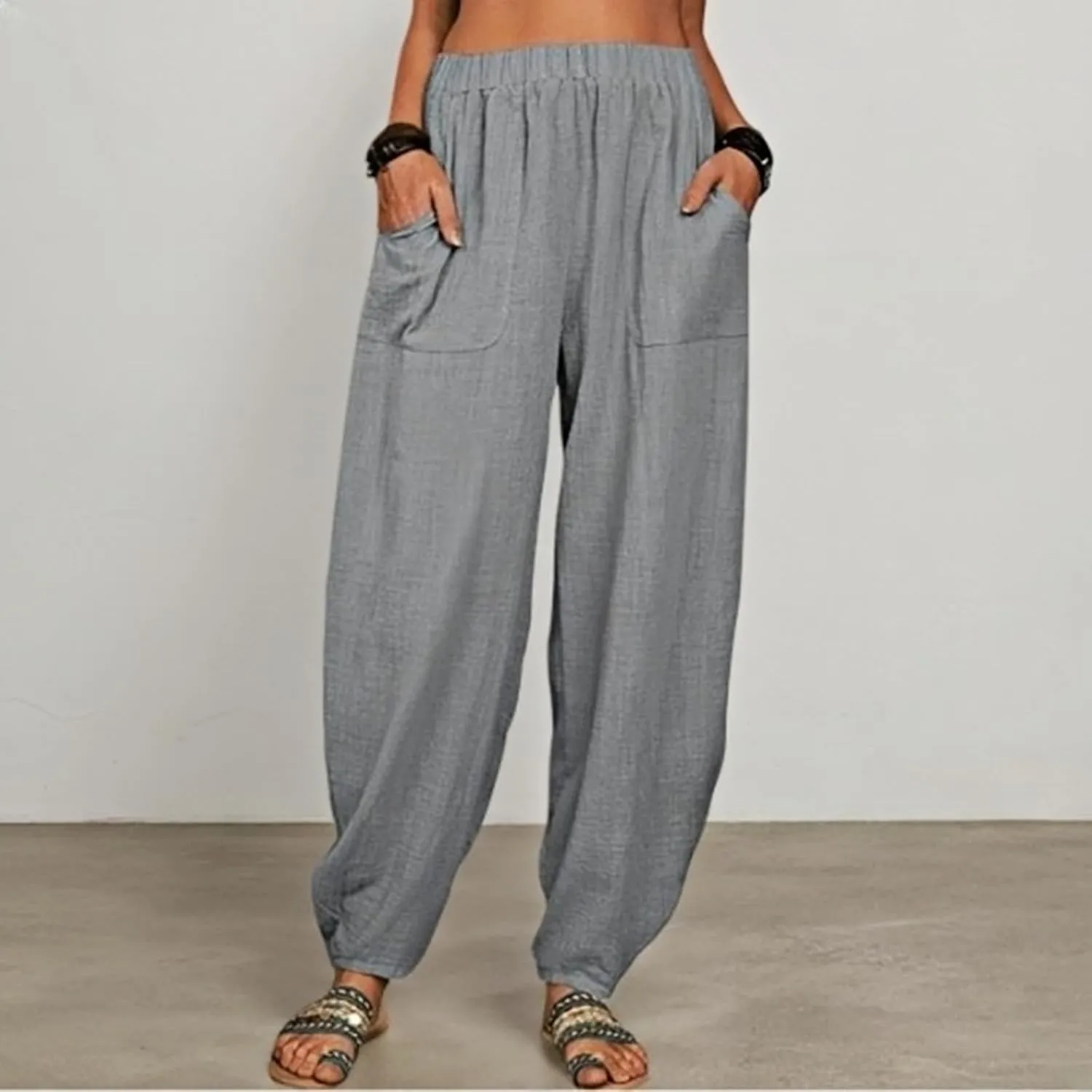 Womens Plus Size Linen Pants 2025 Casual Loose High Waisted Pants Beach Pants Summer Lounge Comfy Trousers with Pockets