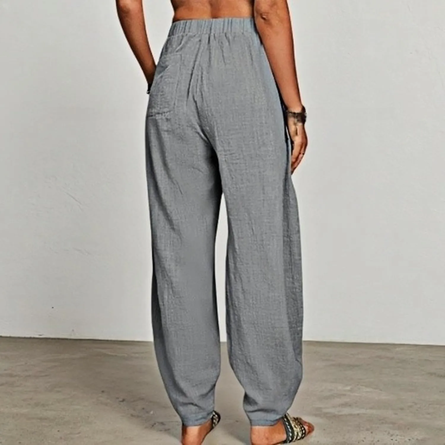 Womens Plus Size Linen Pants 2025 Casual Loose High Waisted Pants Beach Pants Summer Lounge Comfy Trousers with Pockets
