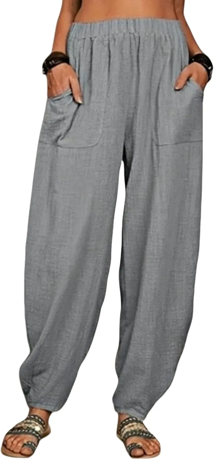 Womens Plus Size Linen Pants 2025 Casual Loose High Waisted Pants Beach Pants Summer Lounge Comfy Trousers with Pockets