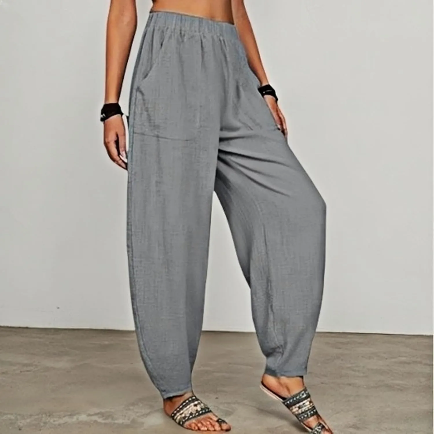 Womens Plus Size Linen Pants 2025 Casual Loose High Waisted Pants Beach Pants Summer Lounge Comfy Trousers with Pockets
