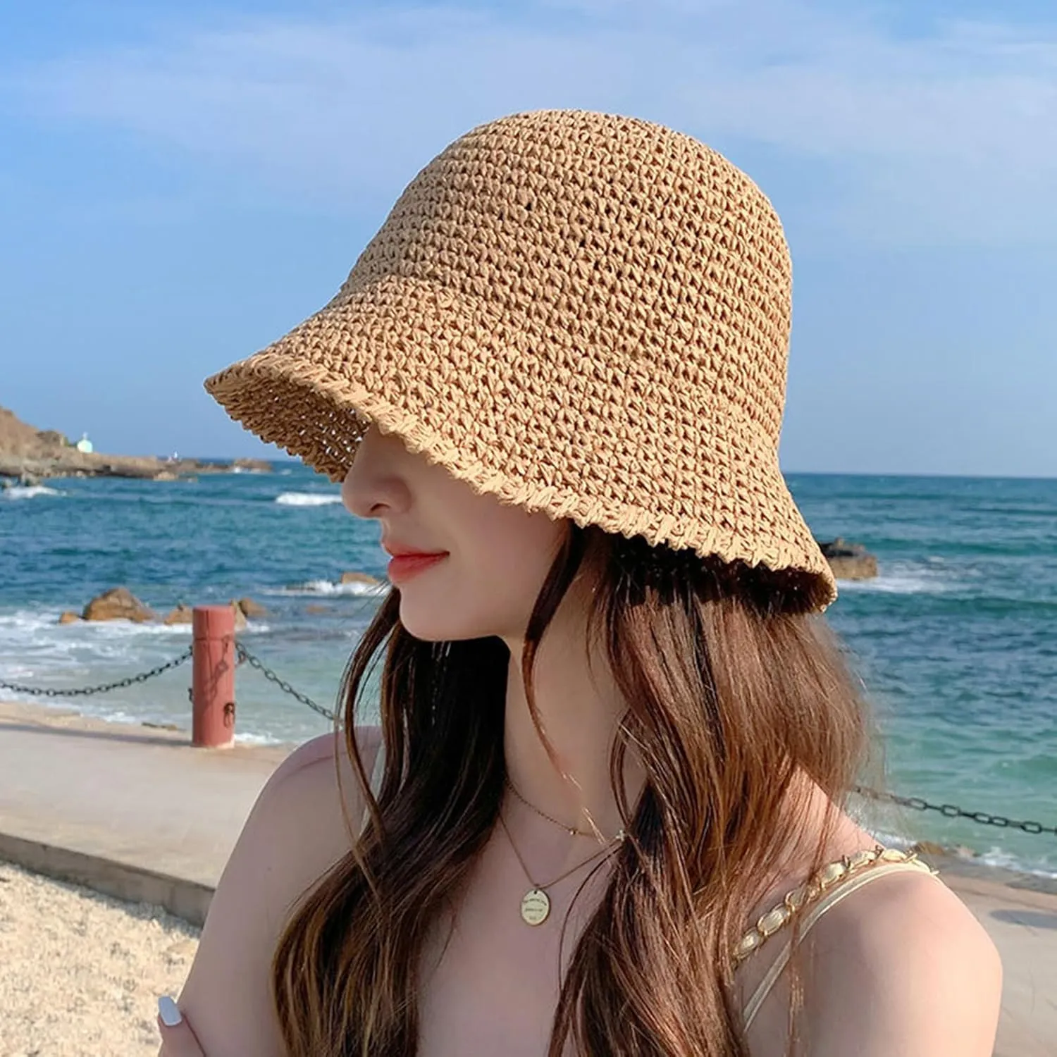 Womens Straw Beach Sun Hats,Foldable Summer Wide Brim Packable Sun Hat Summer Vacation Travel Wide Brim Cap