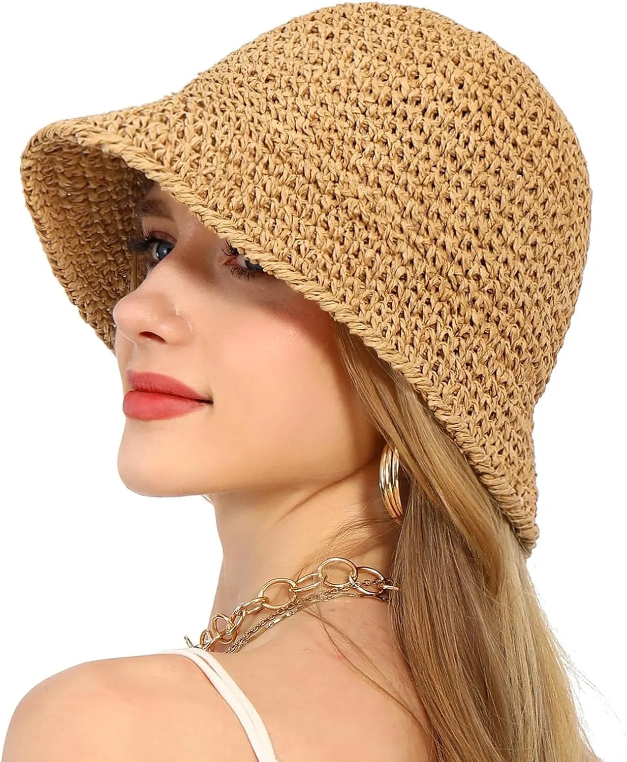 Womens Straw Beach Sun Hats,Foldable Summer Wide Brim Packable Sun Hat Summer Vacation Travel Wide Brim Cap