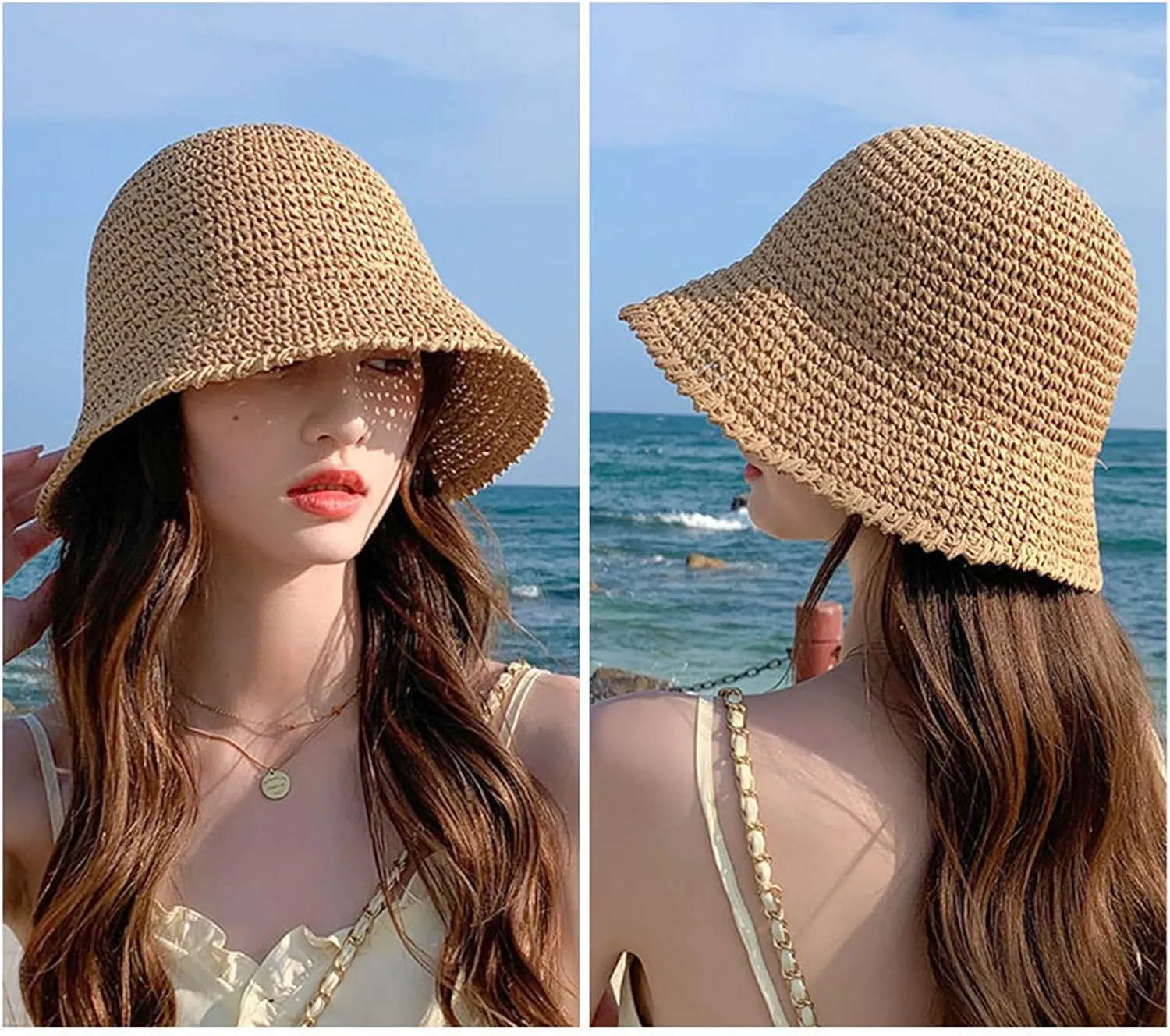 Womens Straw Beach Sun Hats,Foldable Summer Wide Brim Packable Sun Hat Summer Vacation Travel Wide Brim Cap